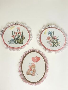 Vintage Handmade Cross Stitch Wall Art Set 3 Floral Teddy Lace Hoops